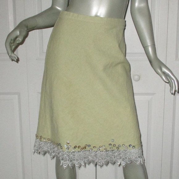 APRIL CORNELL Celery Green Linen/Cotton Embellished Skirt - Picture 1 of 5